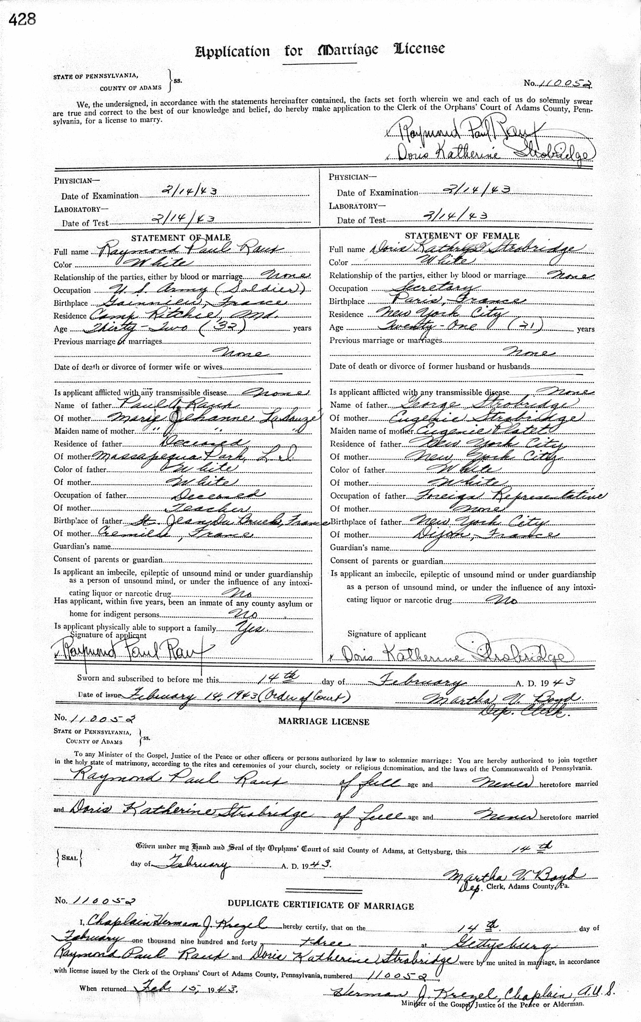 Raymond Raux's marriage certificate February 14,1943